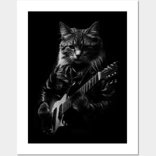 Cute Cat Rock Star Guitar Player Posters and Art